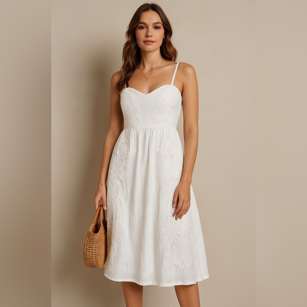Plenty Tracy Reese White Linen Embroidered Fit Flare Midi Dress Cottagecore 8